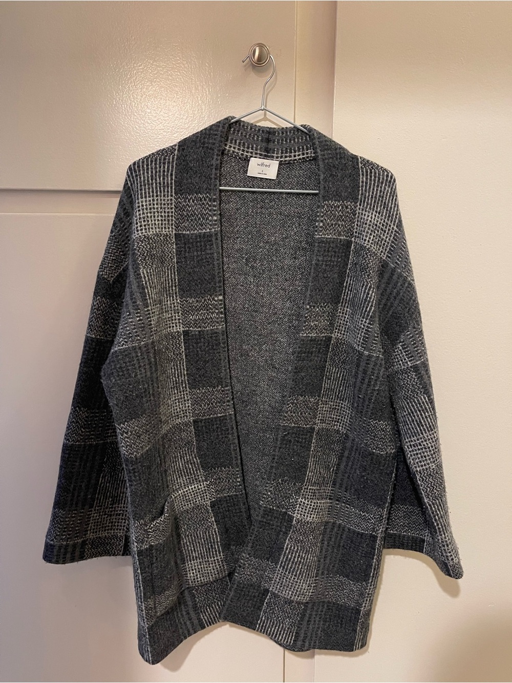 Aritzia Wilfred Gray Plaid Open-Front Sweater Jacket 100% Merino Wool